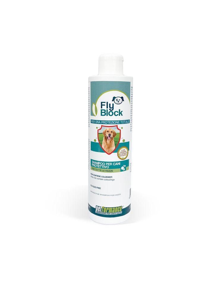 Una bottiglia di shampoo Fly Block per cani con sigillo di cane e testo.