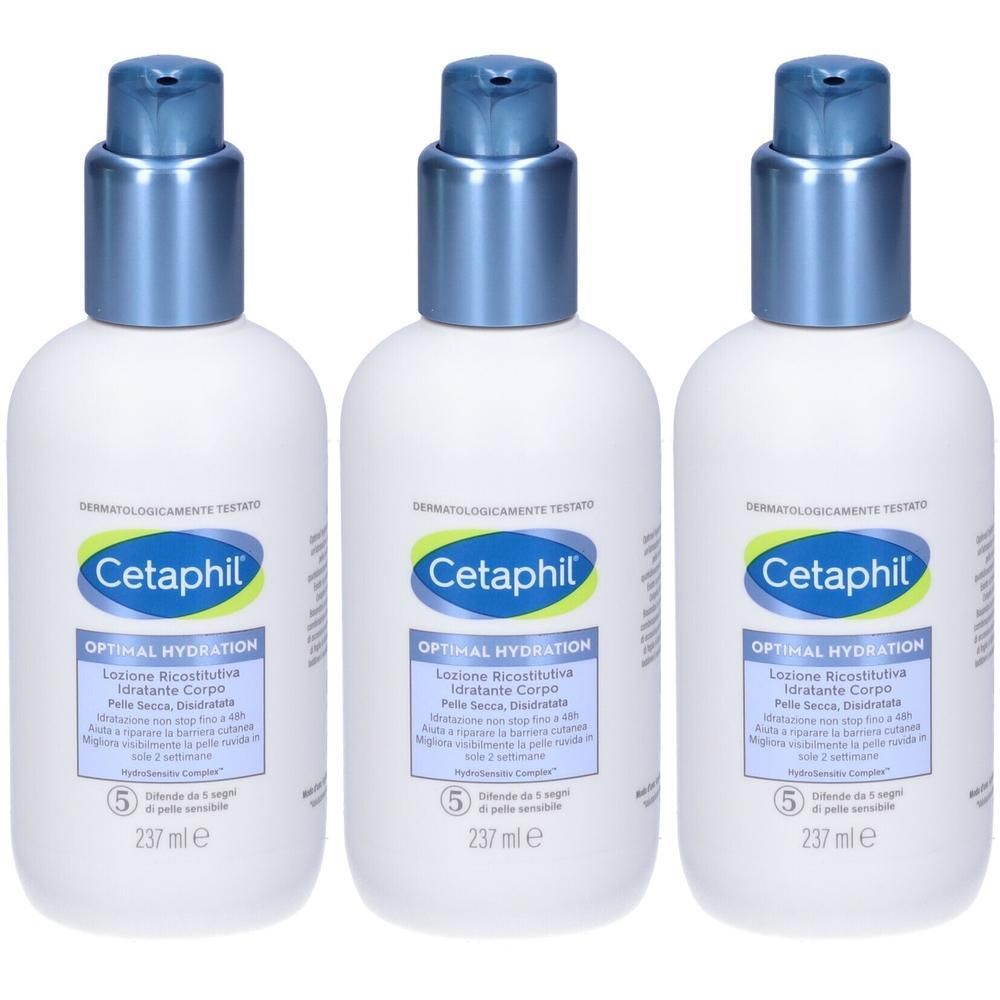 Tre flaconi di lozione corpo Cetaphil Optimal Hydration con dispenser a pompa.