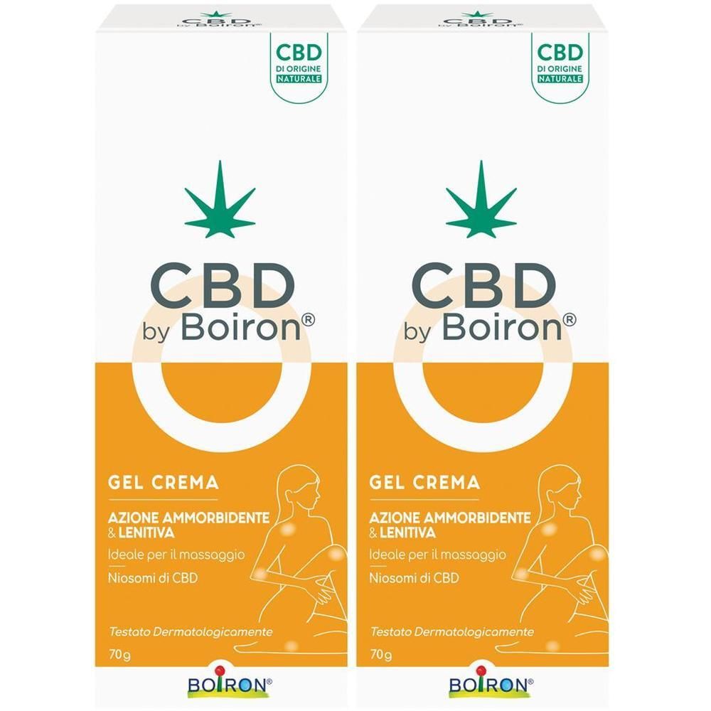 Due confezioni di CBD Gel Crema Boiron. Ogni scatola mostra una figura stilizzata e contiene 70g.