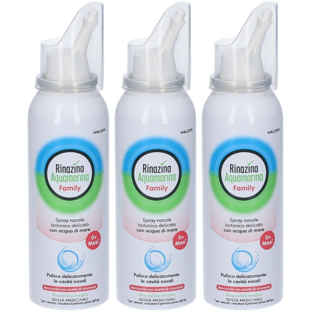 Tre flaconi spray per naso, tappo bianco e cappuccio trasparente.