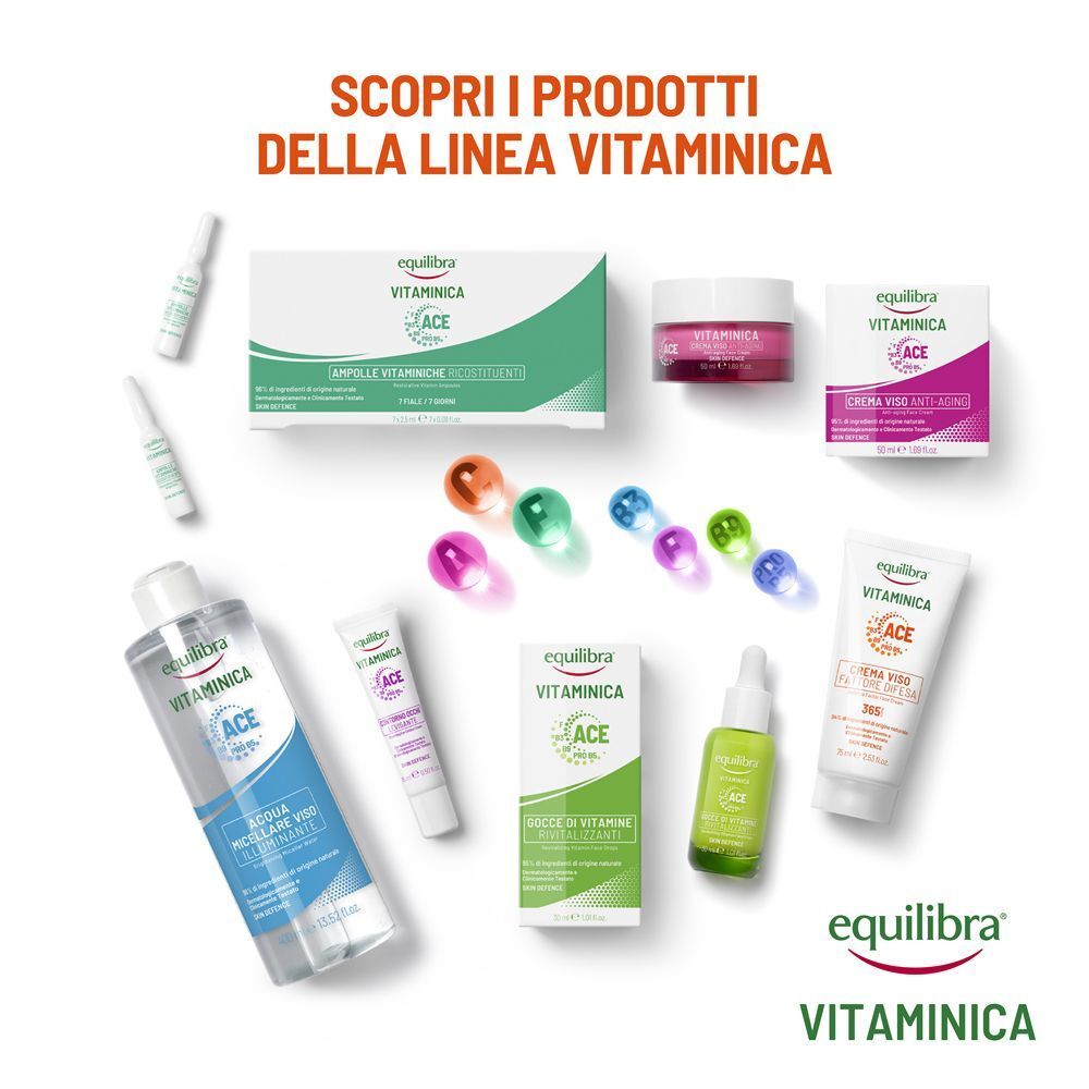 Selezione di prodotti per la cura della pelle Equilibra Vitaminica, inclusi creme, sieri e lozioni.