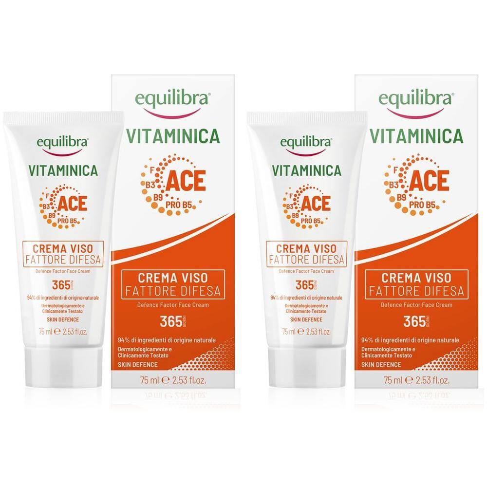 Due tubetti e scatole di crema viso Equilibra Vitaminica con complesso ACE.