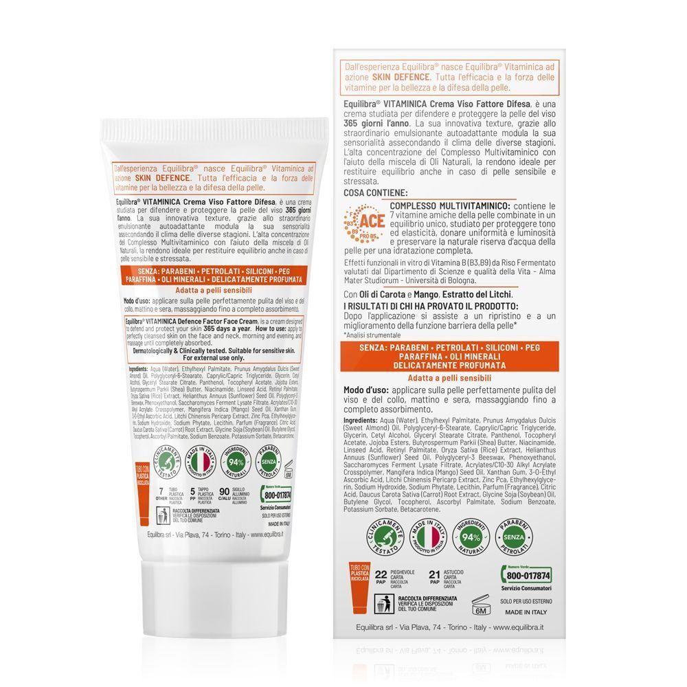 Crema viso Equilibra Vitaminica: tubetto e scatola con ingredienti e sigilli.