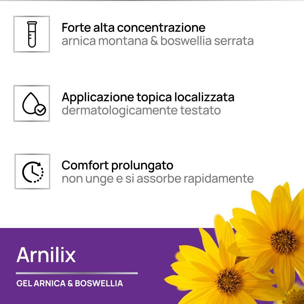 Gel Arnilix: Alta concentrazione, applicazione topica, testato dermatologicamente.