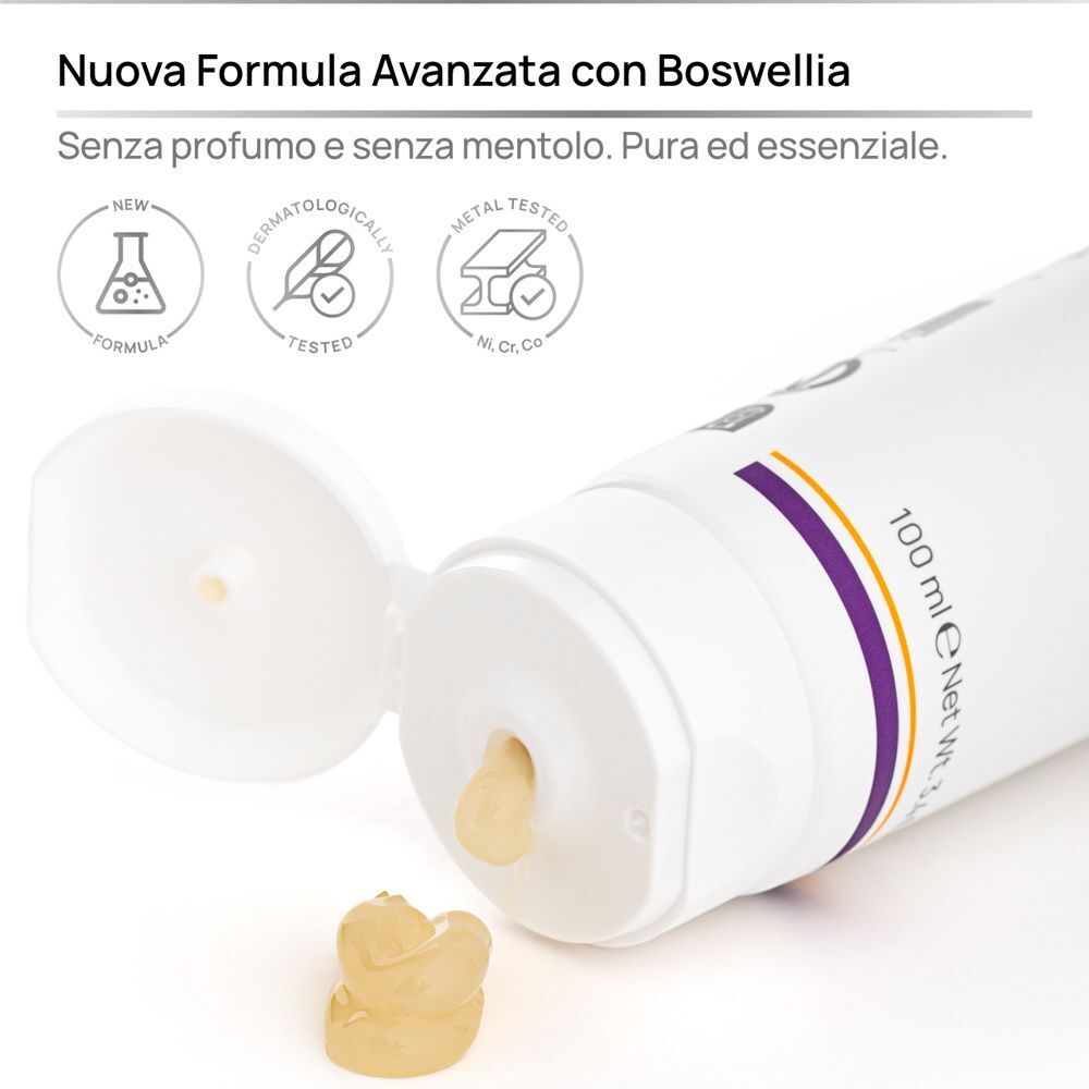 Tubo di Gel Arnilix aperto con goccia di gel, testato dermatologicamente.