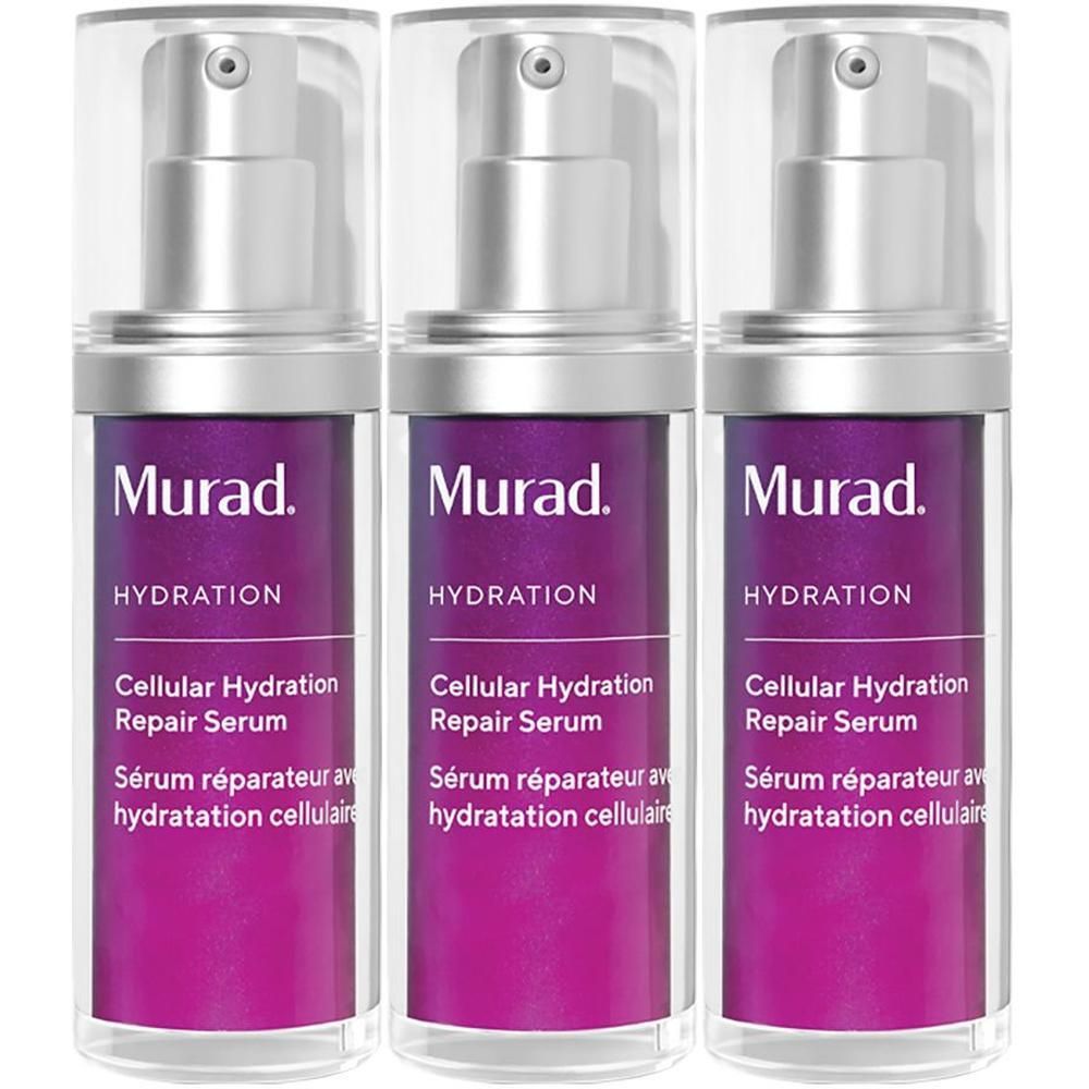 Tre flaconi di Murad Cellular Hydration Repair Serum con dispenser a pompa. Design viola e argento.