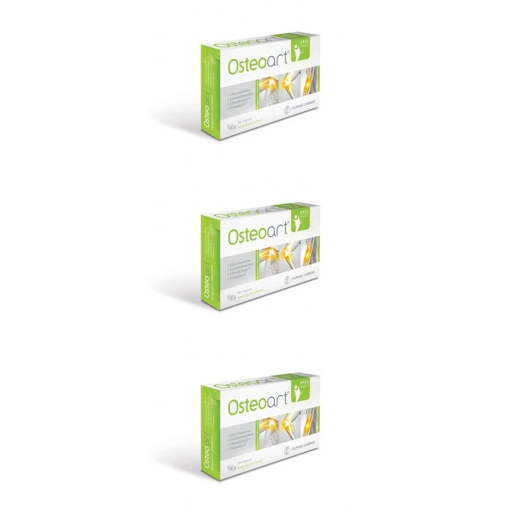 Tre confezioni di capsule Osteoart, design verde e bianco, raffiguranti articolazioni.