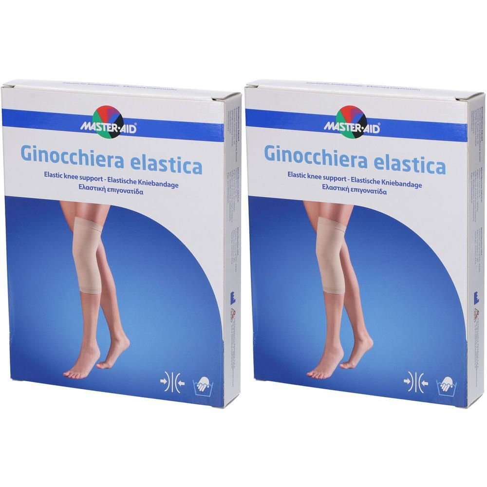 Due confezioni di ginocchiere elastiche con immagine di donna che indossa una ginocchiera.