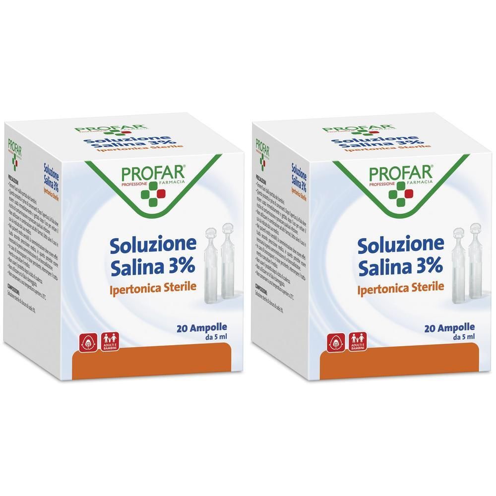 Due confezioni di Profar Soluzione Salina 3% con 20 ampolle da 5 ml ciascuna.