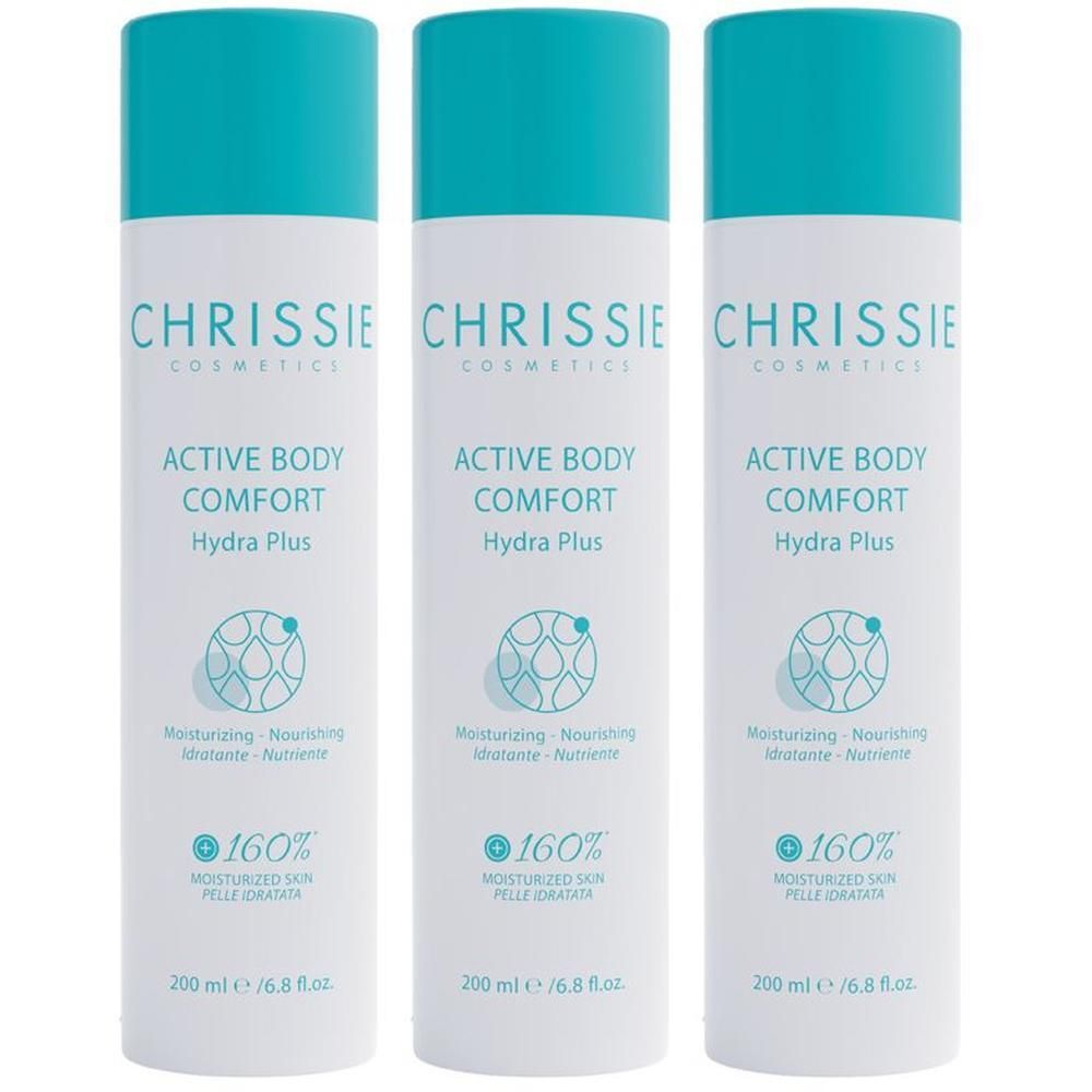 Tre flaconi di Chrissie Active Body Comfort Hydra Plus con tappi turchesi.