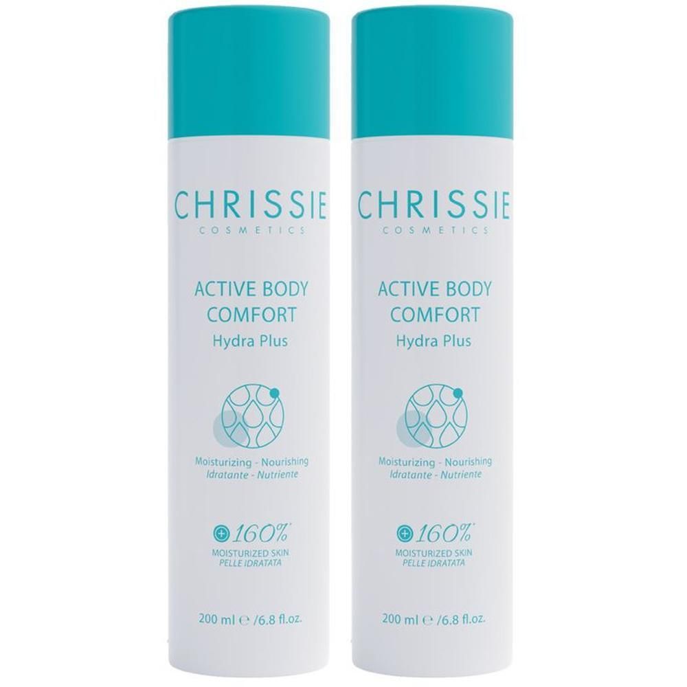Due flaconi bianchi con tappi turchesi, Chrissie Cosmetics Active Body Comfort Hydra Plus, 200 ml.