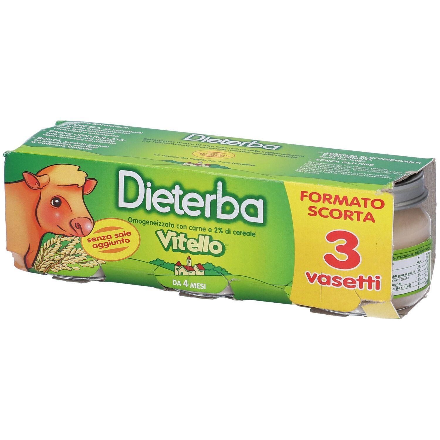 Dieterba Vitello: Confezione da 3 vasetti di carne di vitello e cereali, senza sale aggiunto.