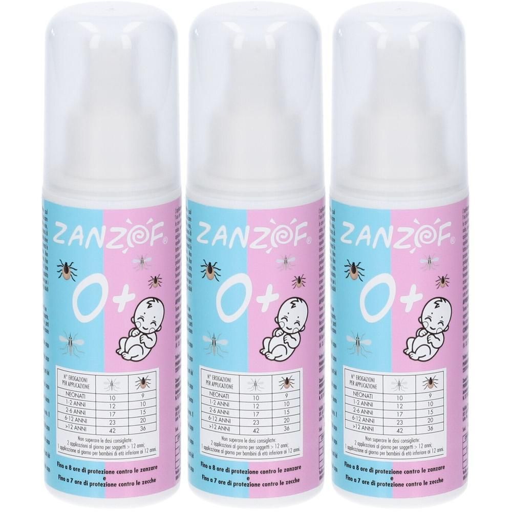 Tre flaconi di spray repellente per insetti Zanzof O+ per bambini. Etichette rosa-blu con simboli di neonato e insetti.