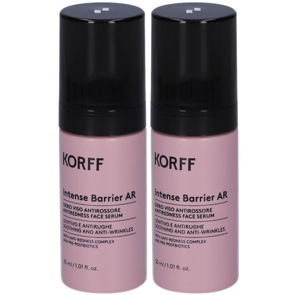 Due flaconi Korff Intense Barrier AR con erogatore. Flaconi rosa con tappo nero.