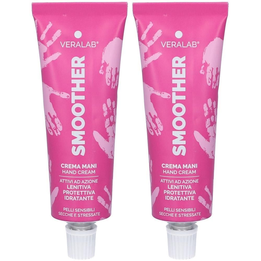 Due tubi rosa di crema mani "Smoother" Veralab con motivo di impronte di mani. Per pelli sensibili, secche e stressate.