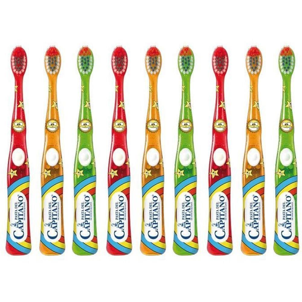 Dieci spazzolini colorati per bambini con motivo a stelle e nome del marchio 'Pasta del Capitano'.