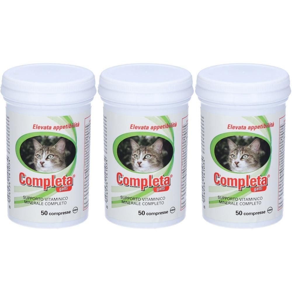 Tre contenitori Completa Gel per gatti, 50 compresse ciascuno.