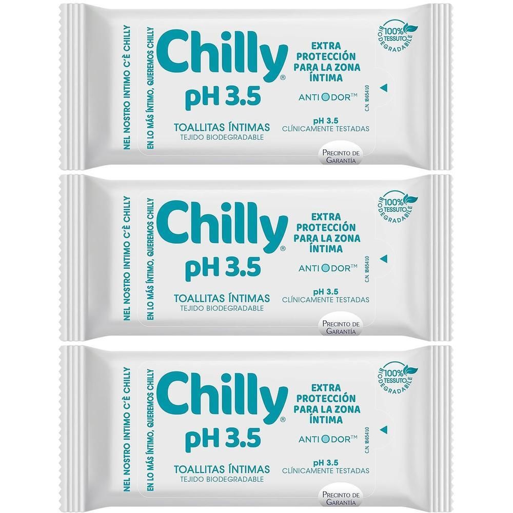 Tre pacchi di salviettine intime Chilly pH 3.5. Tessuto biodegradabile.