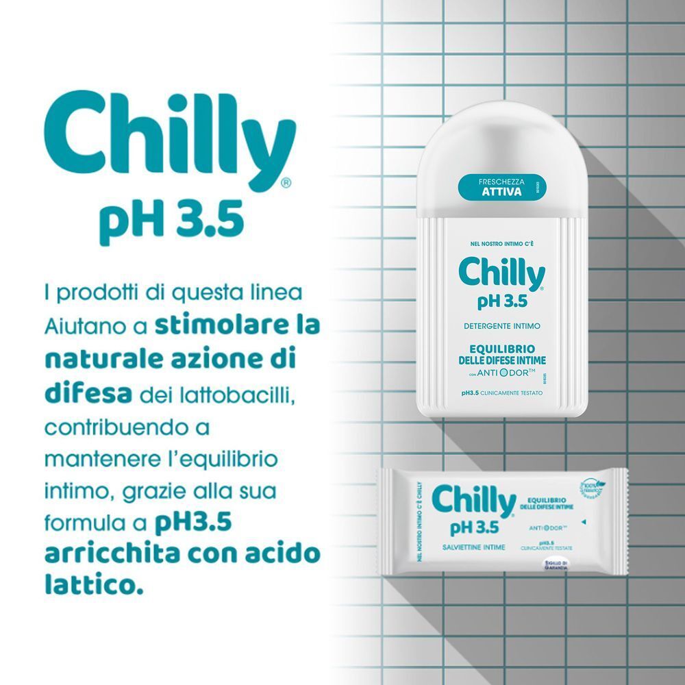 Prodotti per l'igiene intima Chilly pH 3.5: una bottiglia e una confezione singola.