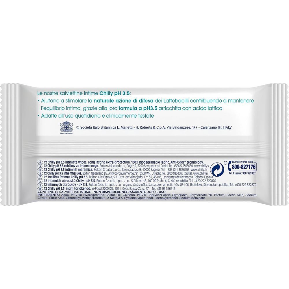 Confezione da 12 salviettine intime Chilly pH 3.5, tessuto 100% biodegradabile, tecnologia Anti-Odore.