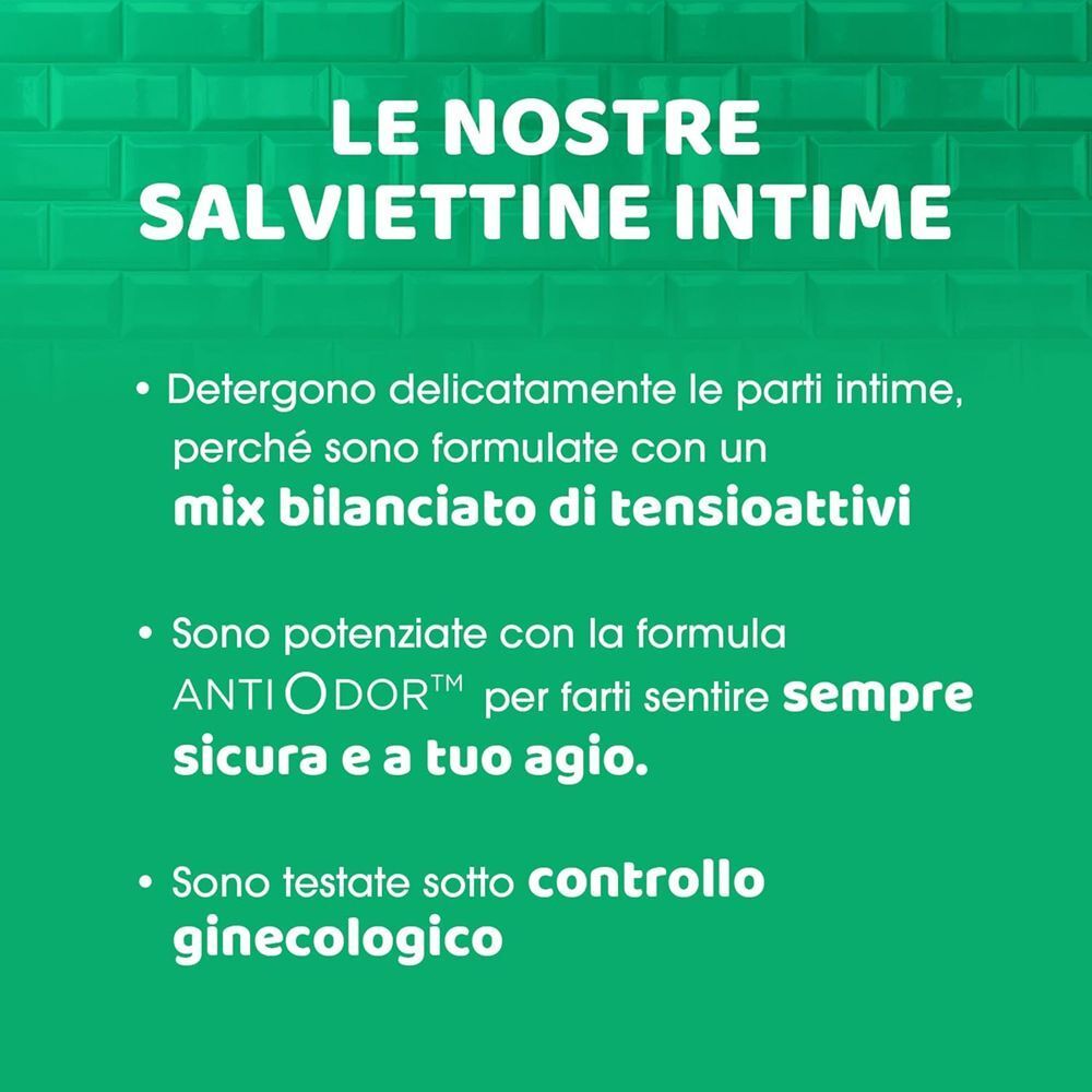 Salviettine intime con mix bilanciato di tensioattivi e formula anti-odore, testate ginecologicamente.