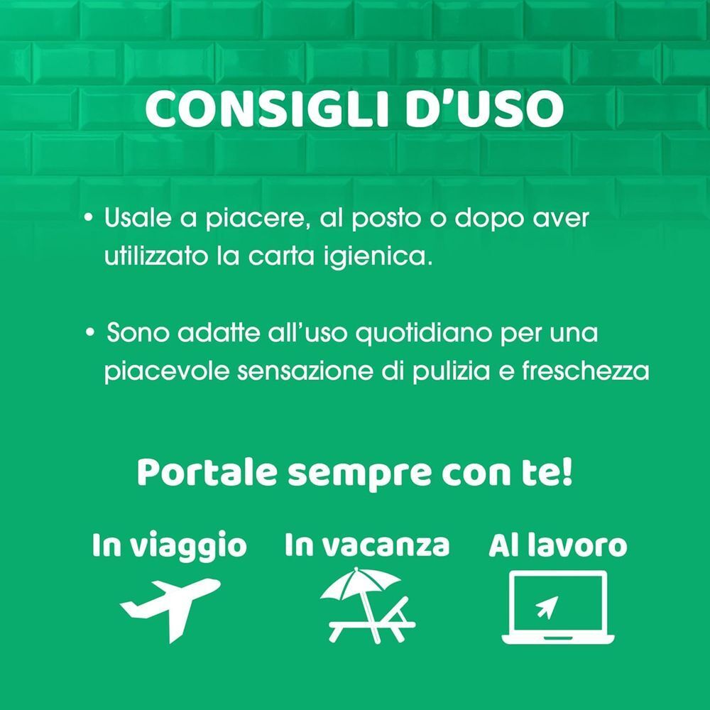 Consigli d'uso: Per pulizia e freschezza quotidiana. Da portare in viaggio, vacanza e al lavoro.