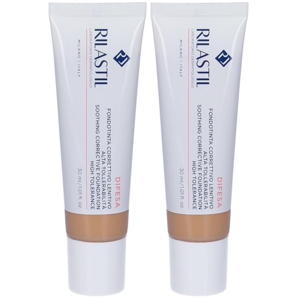 Due tubi di Rilastil Difesa Fondotinta Correttivo Lenitivo, 30 ml ciascuno.