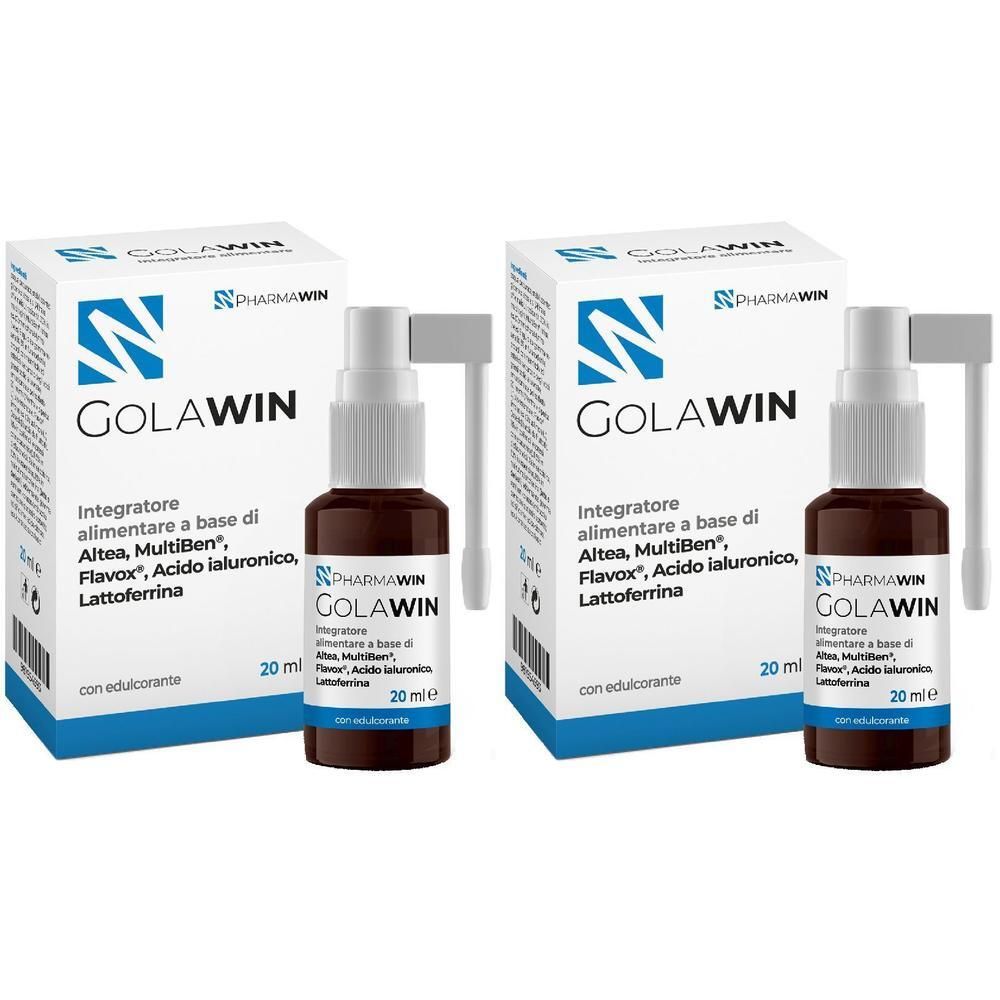 Due confezioni di Golawin Spray da 20 ml. Flaconi spray marroni con applicatore bianco, accanto ai loro cartoni.
