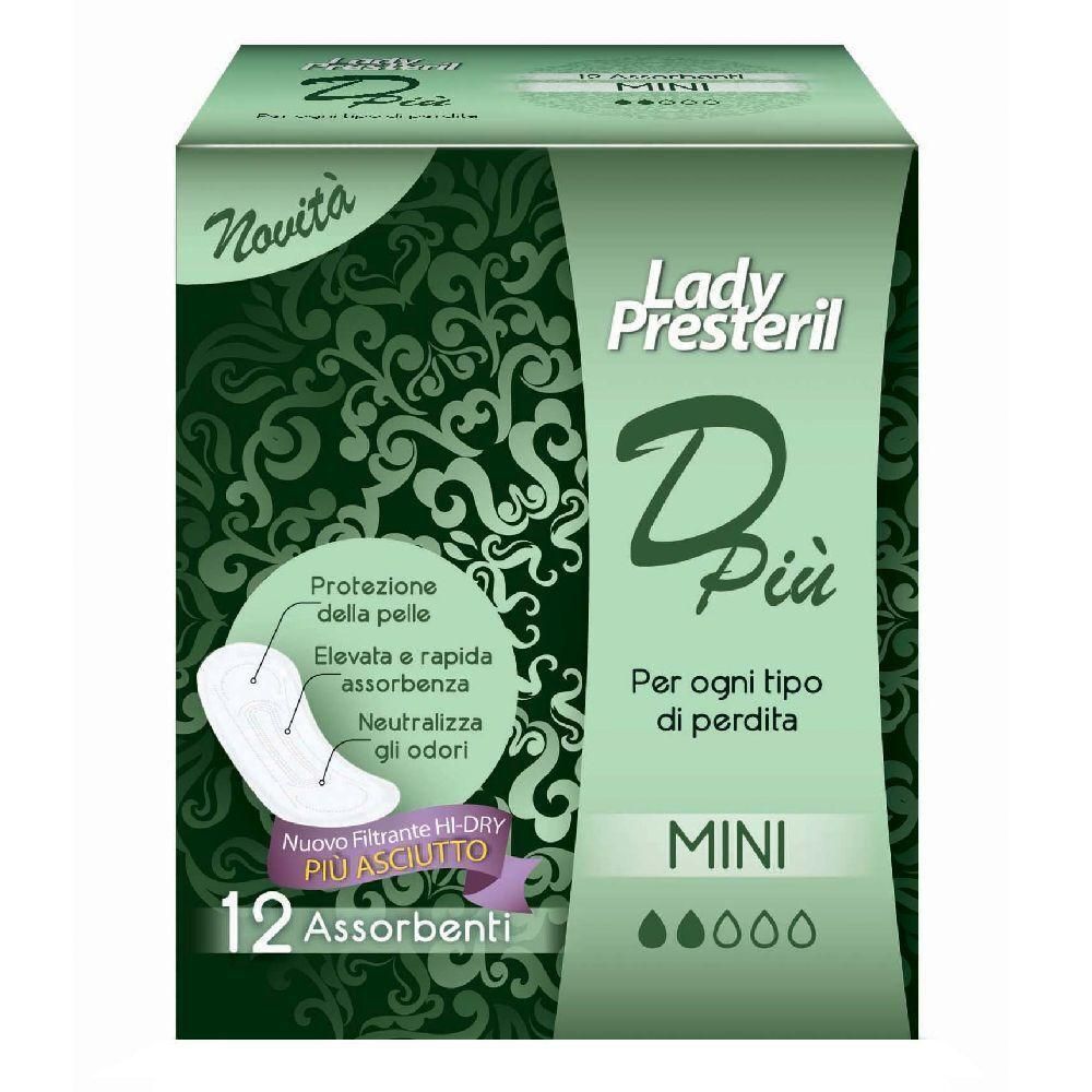 Lady Presteril Dpiù Mini: 12 assorbenti per ogni tipo di perdita. Protezione pelle, rapido assorbimento, neutralizza odori.