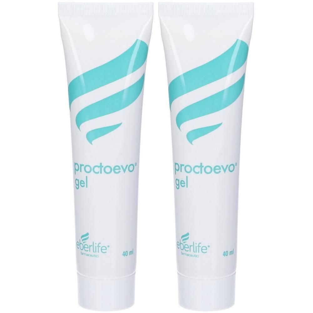 Due tubi di gel Proctoevo da 40 ml ciascuno. Il design mostra ali turchesi.