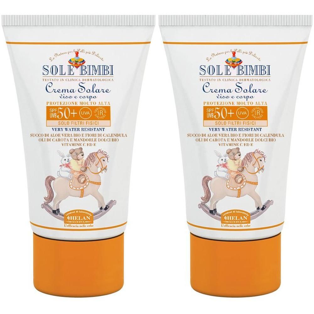 Due tubi di crema solare per bambini SPF 50+ con immagine di cavallo a dondolo e animali.