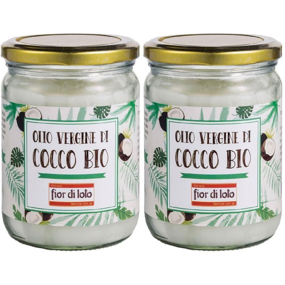 Due vasetti di olio di cocco vergine bio, etichetta 'Olio Vergine di Cocco Bio' e 'Fior di Loto'.