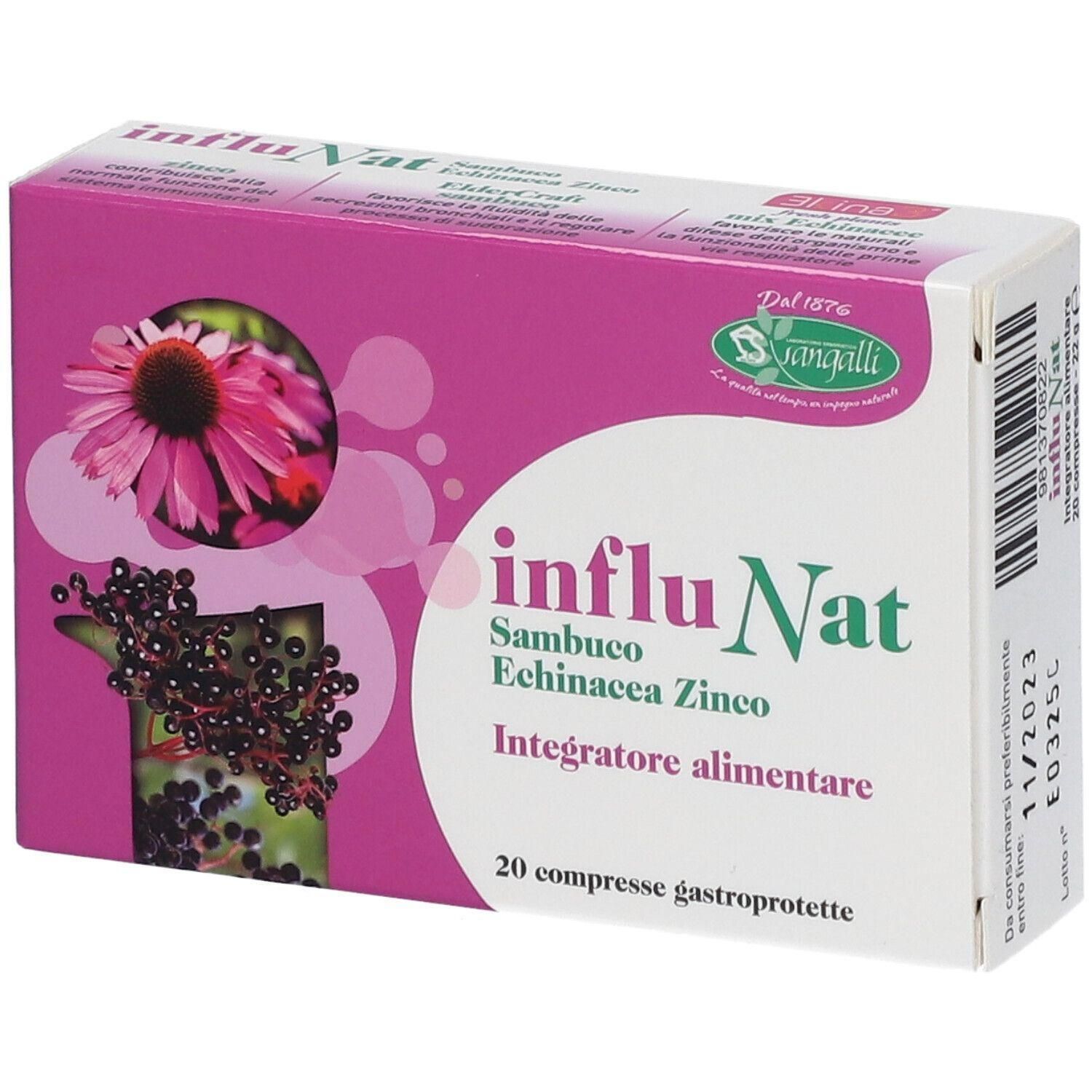 Confezione da 20 compresse gastroprotette, influNat Sambuco Echinacea Zinco.