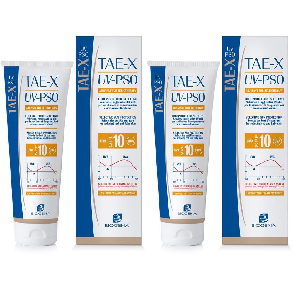 Due tubi e due scatole di crema solare TAE-X UV-PSO, SPF 10.