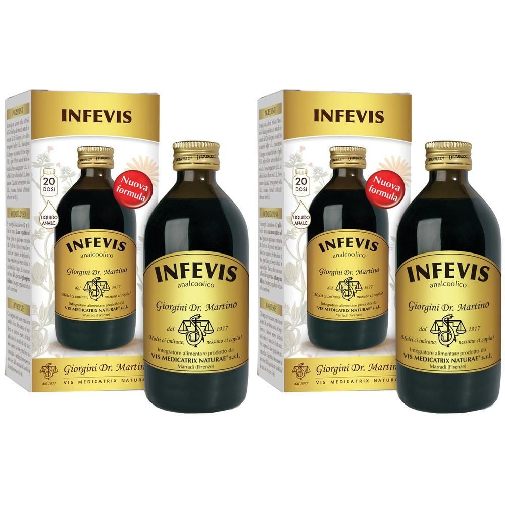 Due flaconi di Infevis Analcolico con scatole. Liquido scuro, etichette dorate con informazioni sul prodotto.