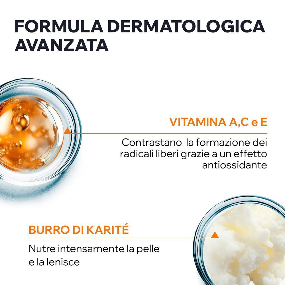 Contenitori di vetro con vitamine A, C, E e burro di karité, ingredienti dello stick solare.