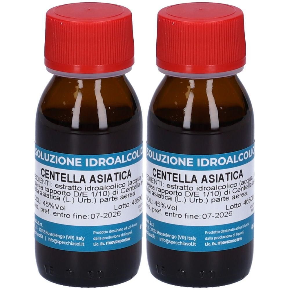 Due flaconi in vetro ambrato con tappo a vite rosso, contenenti liquido scuro. Etichetta "Centella Asiatica".