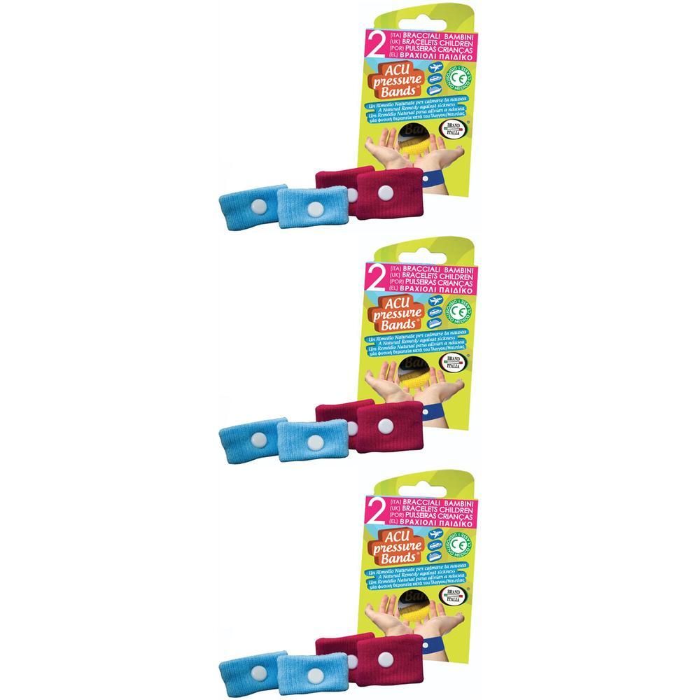 Due confezioni da due bracciali per agopressione per bambini, blu e rossi, con bottone bianco.
