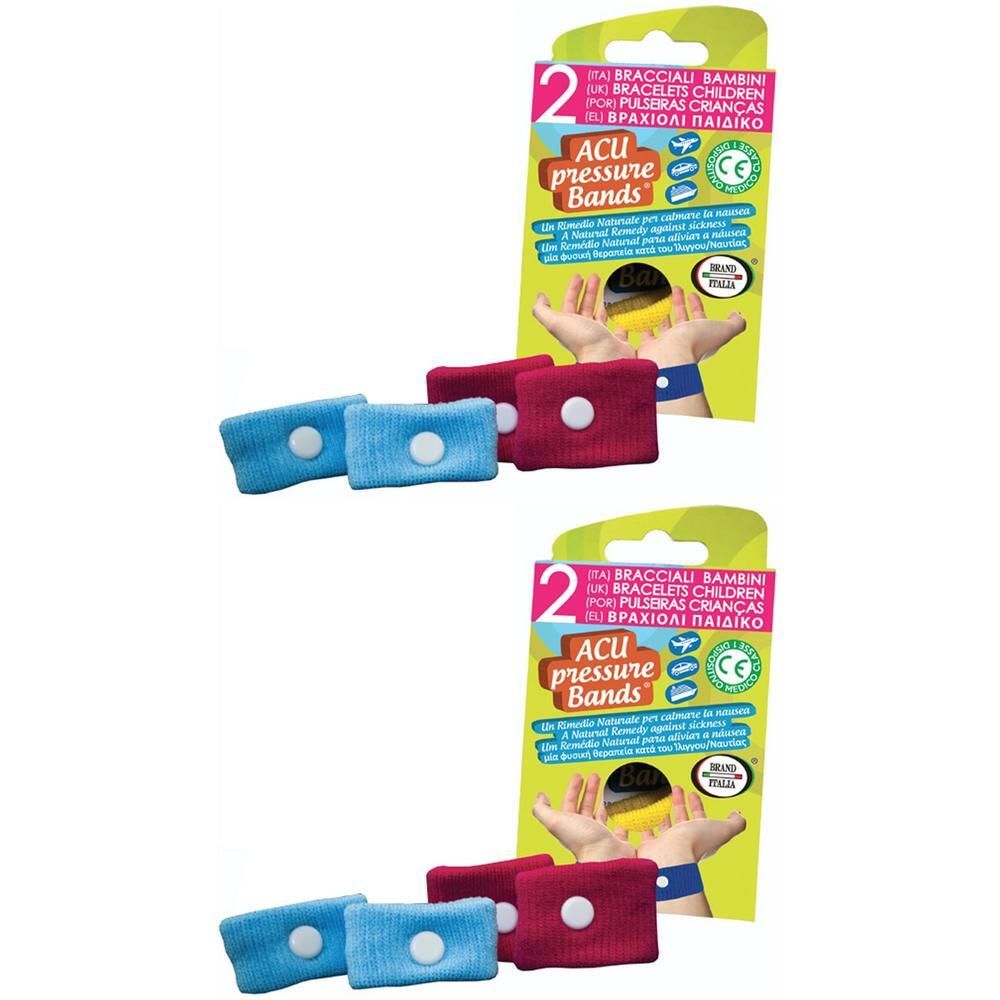 Due paia di bracciali per agopressione per bambini, blu e rossi, con bottone.