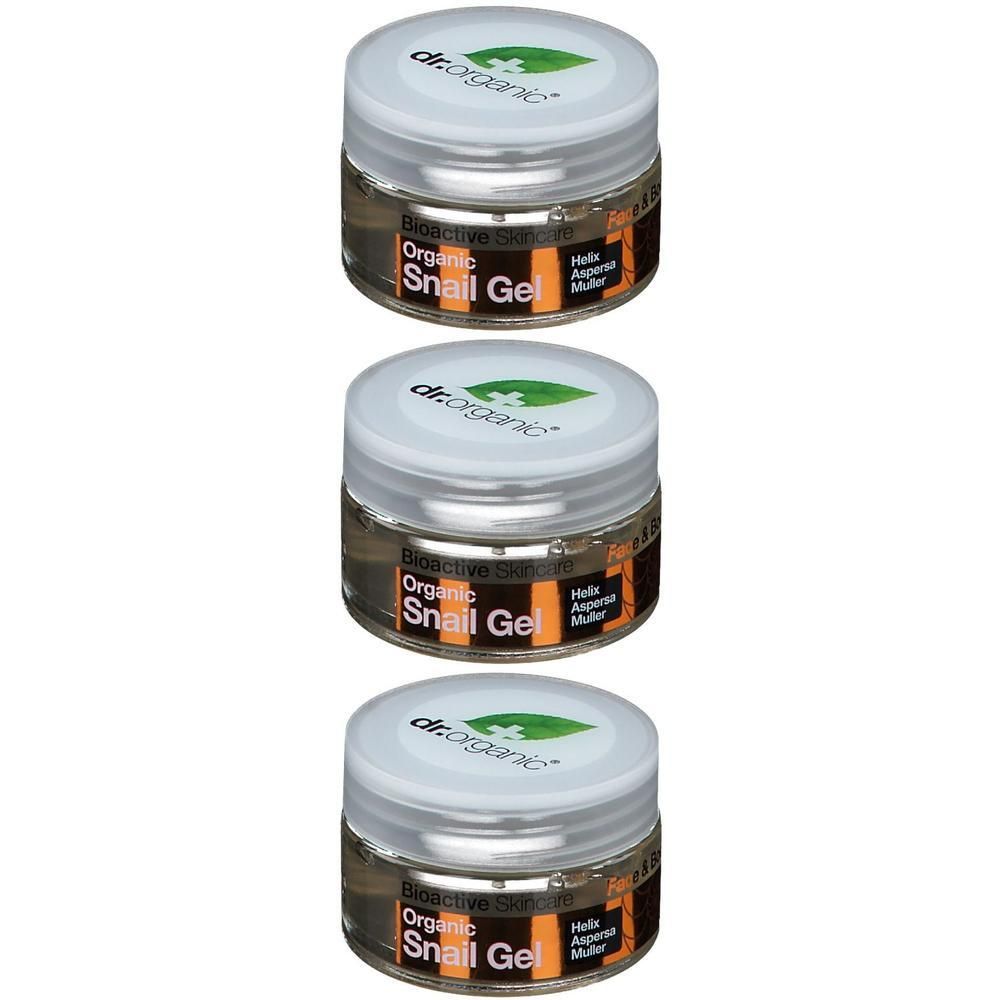 Tre barattoli di gel biologico di lumaca Dr. Organic con coperchio bianco ed etichetta.