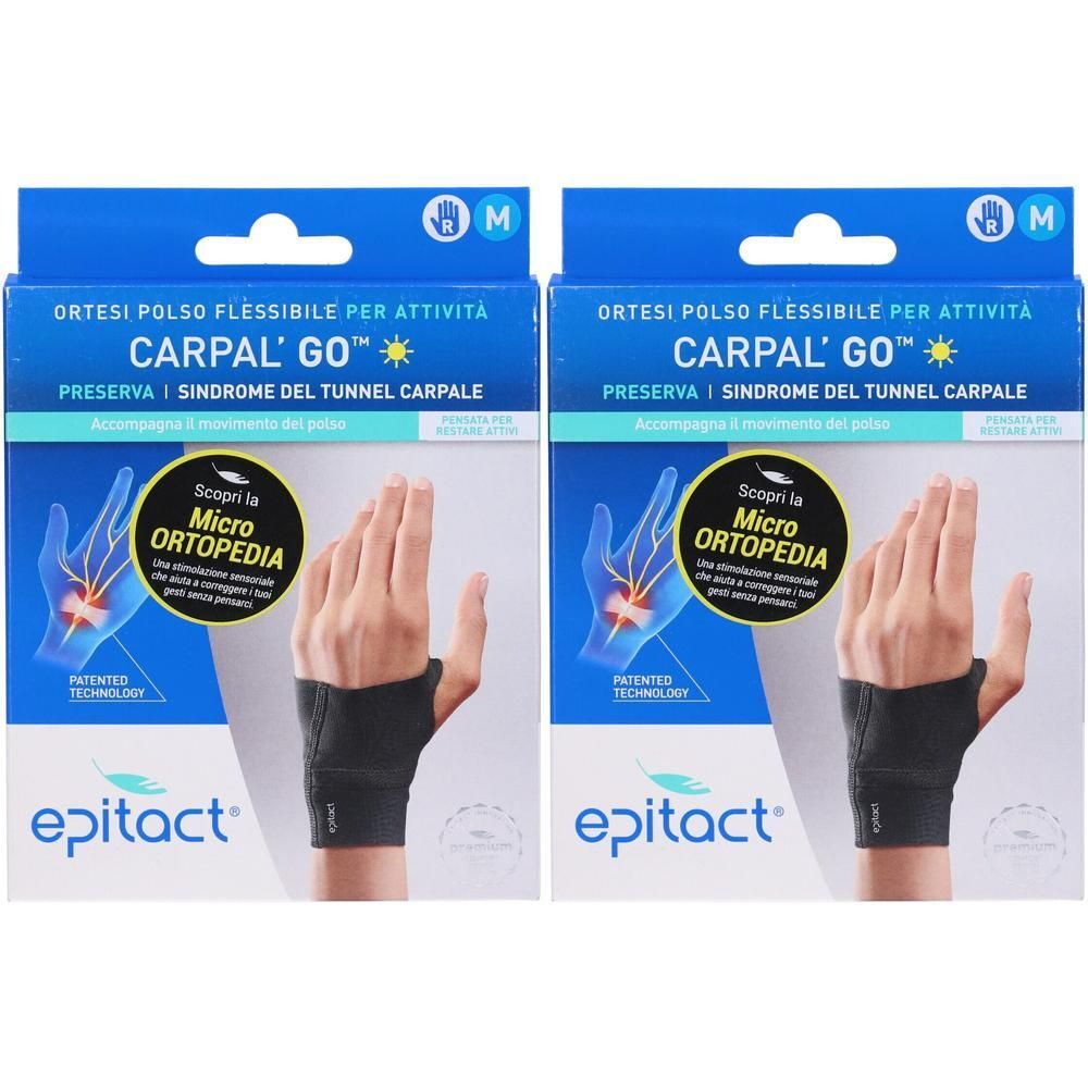 Due tutori per polso Epitact Carpal'Go, taglia M, sulla confezione.