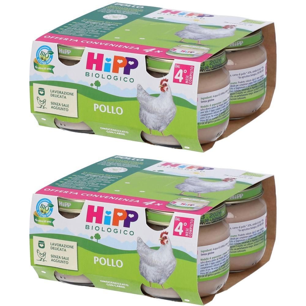 Due confezioni da 4 vasetti di omogeneizzato biologico Hipp al pollo.