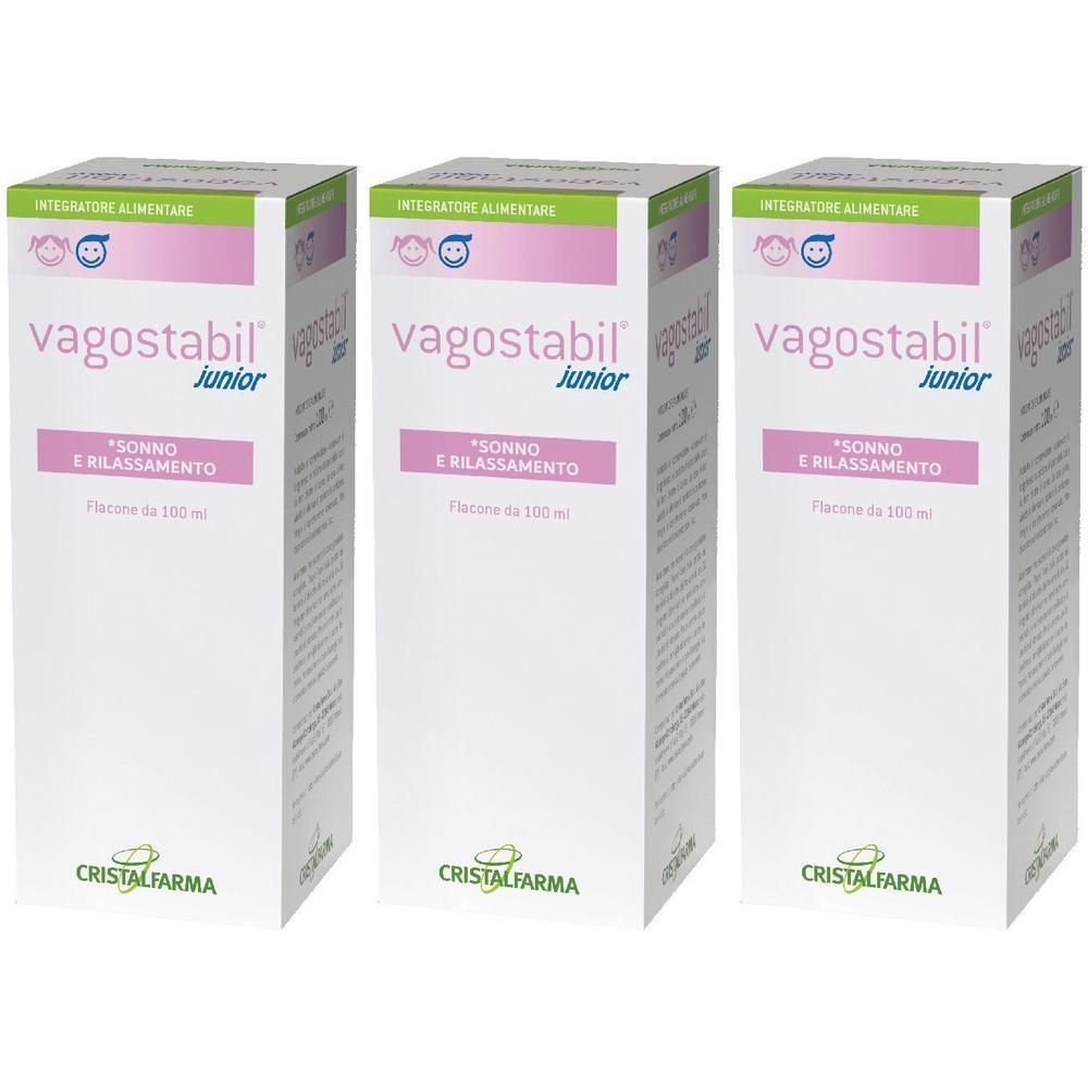 Tre confezioni di Vagostabil Junior, integratore alimentare per sonno e rilassamento.