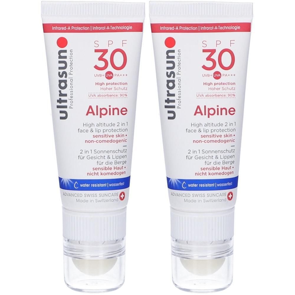 Due tubetti di protezione solare Ultrasun Alpine SPF 30 per viso e labbra. Resistente all'acqua.
