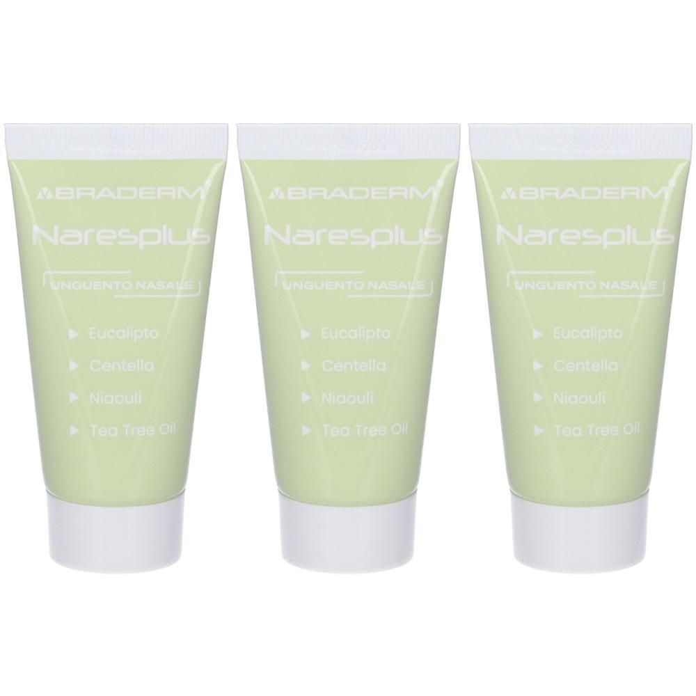 Tre tubetti di unguento nasale Braderm Naresplus con Eucalipto, Centella, Niaouli e Tea Tree Oil.