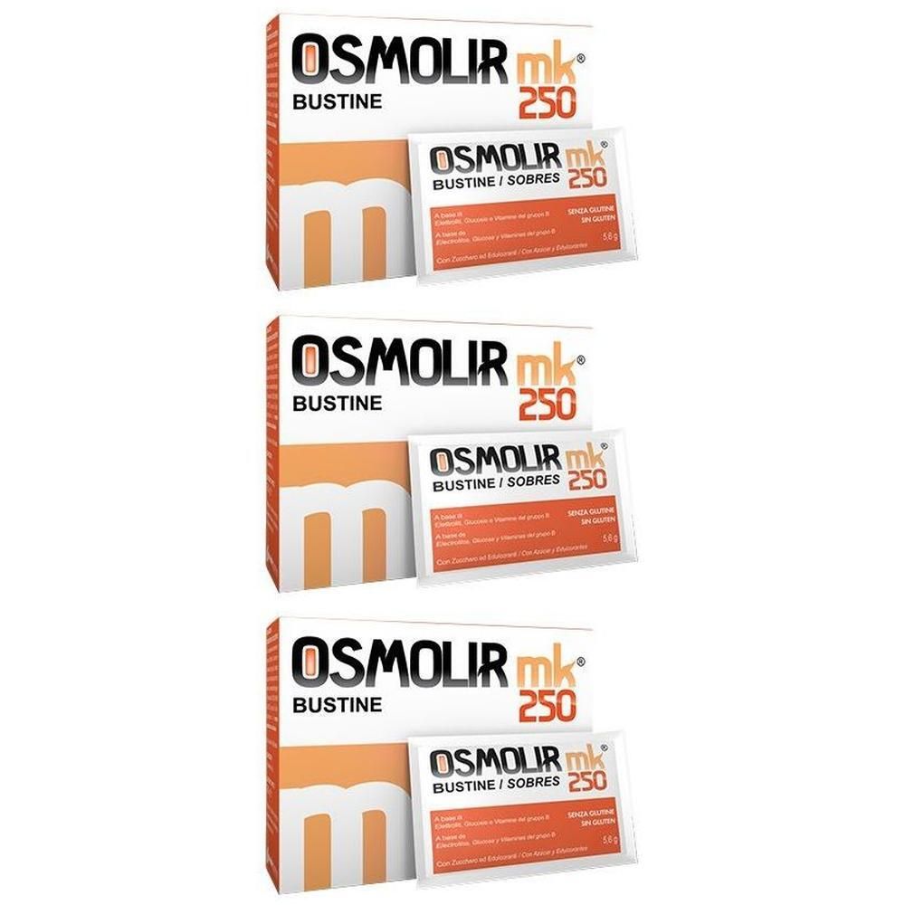 Tre confezioni di Osmolir Mk 250 Bustine, ciascuna con una bustina.