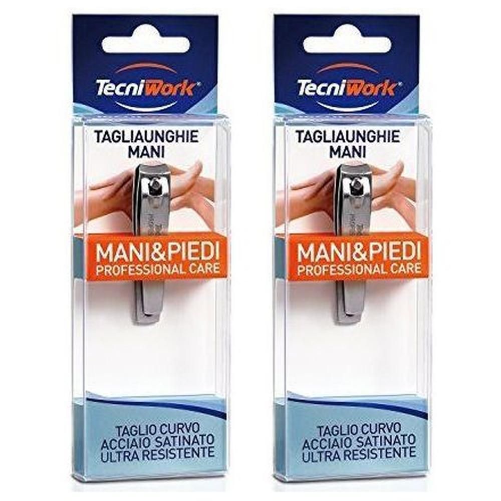 Due tagliaunghie TecniWork per mani in confezione. Taglio curvo, acciaio satinato.