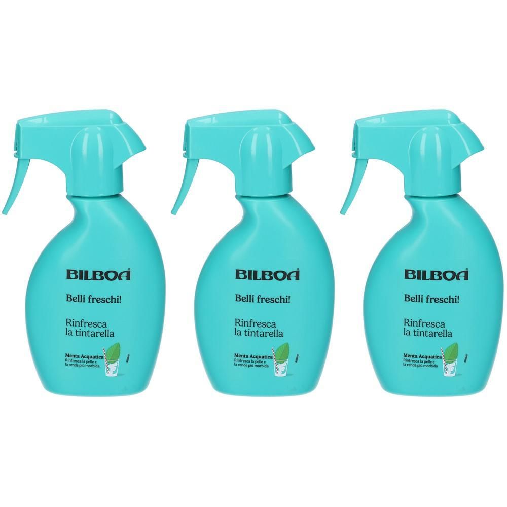 Tre flaconi spray color acquamarina con marchio BILBOA e scritta "Belli freschi!"