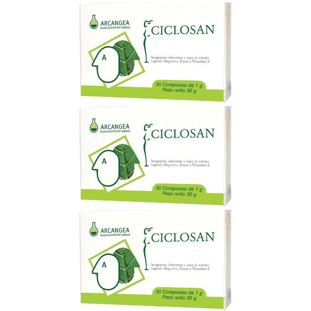 Tre confezioni di Ciclosan da 30 compresse da 1g. Peso netto 30g.