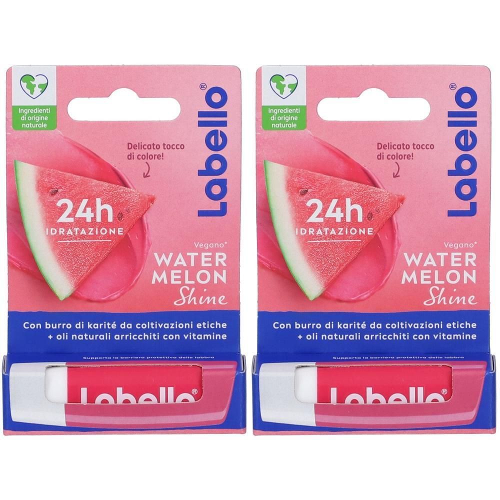 Due Labello Watermelon Shine in confezione doppia. Confezione rosa con fetta di anguria.